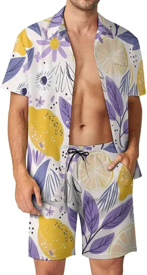 Lemon And Purple Flowers Mens Swimsuit 2 Pieces Set Quick Dry Shorts Shirts Summer Button Down Short Sleeve Set
