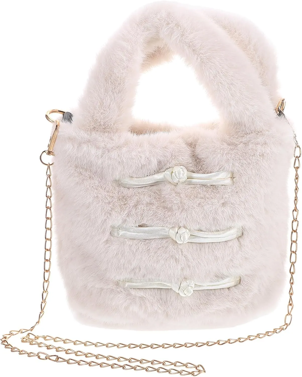 LIFKOME Fluffy Handbag Women Plush Purse Vintage Bucket Bag Plush Material Furry Tote for Autumn