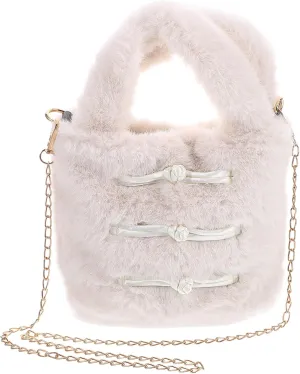 LIFKOME Fluffy Handbag Women Plush Purse Vintage Bucket Bag Plush Material Furry Tote for Autumn