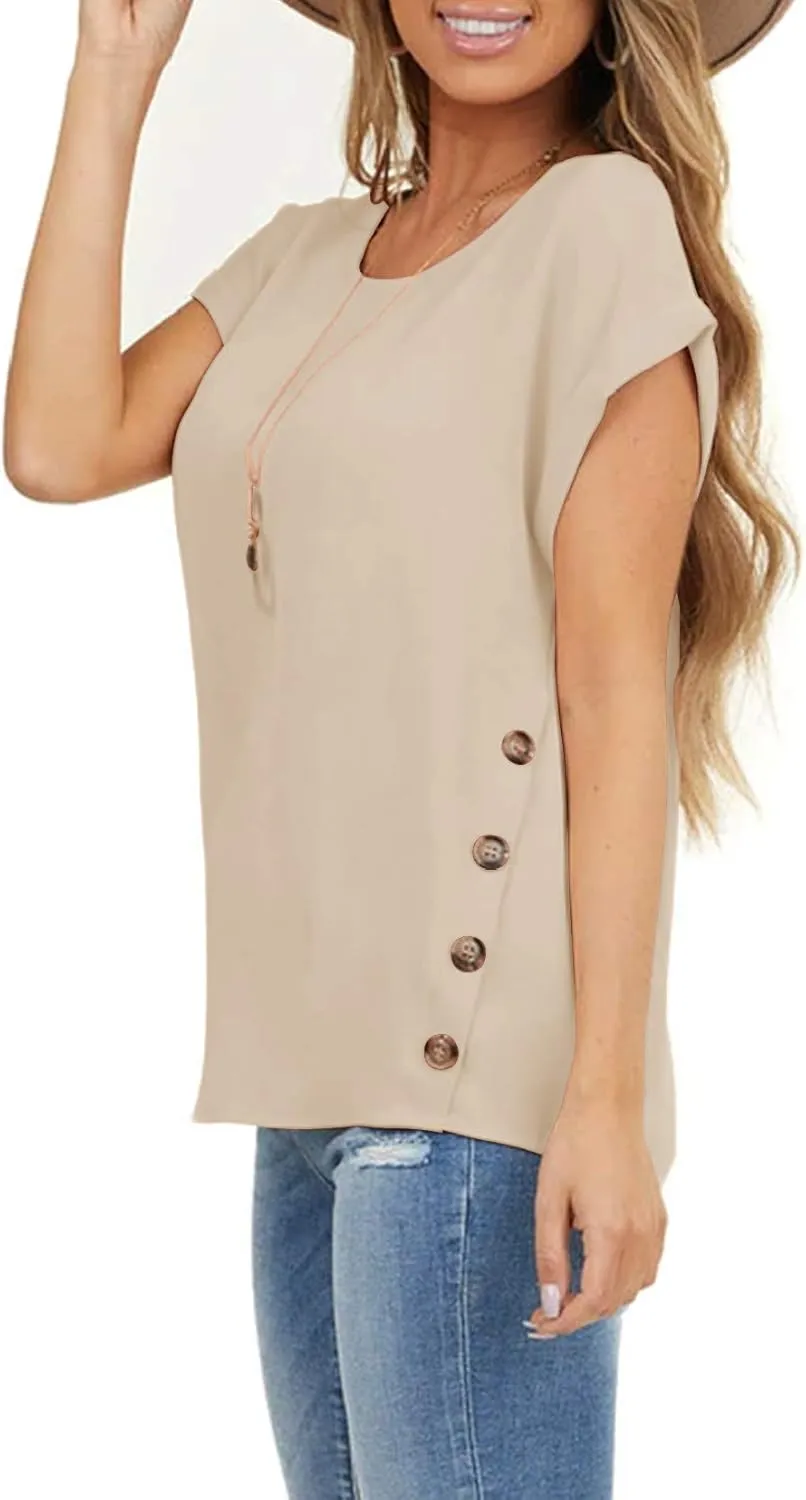 Limerose Women's Short Sleeve Tops Crew Neck Side Button Shirts Casual Loose Fit T-Shirt