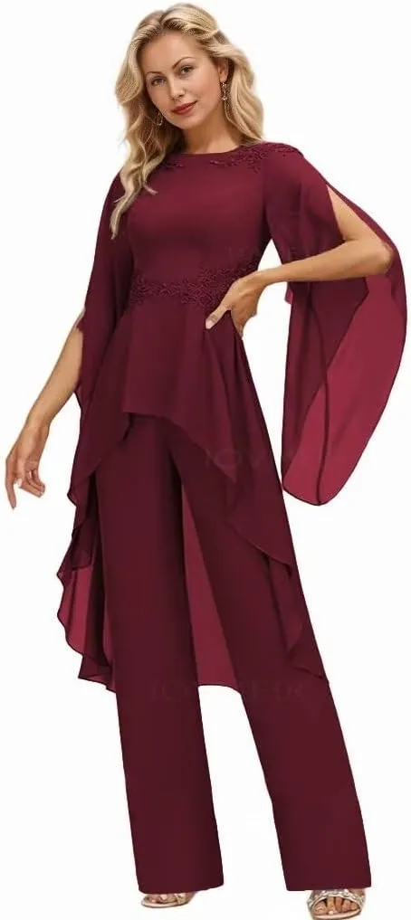 Long Sleeve Chiffon Mother of The Bride Pant Suits for Wedding Lace 2 Pieces Formal Evening Pantsuits for Women