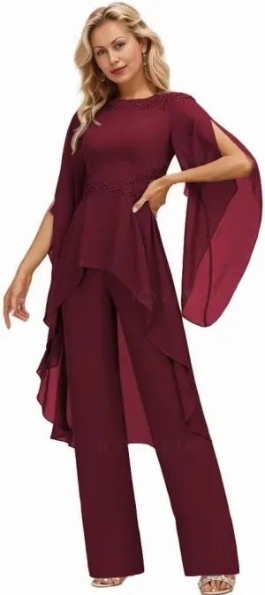 Long Sleeve Chiffon Mother of The Bride Pant Suits for Wedding Lace 2 Pieces Formal Evening Pantsuits for Women