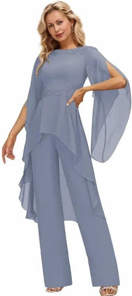 Long Sleeve Chiffon Mother of The Bride Pant Suits for Wedding Lace 2 Pieces Formal Evening Pantsuits for Women