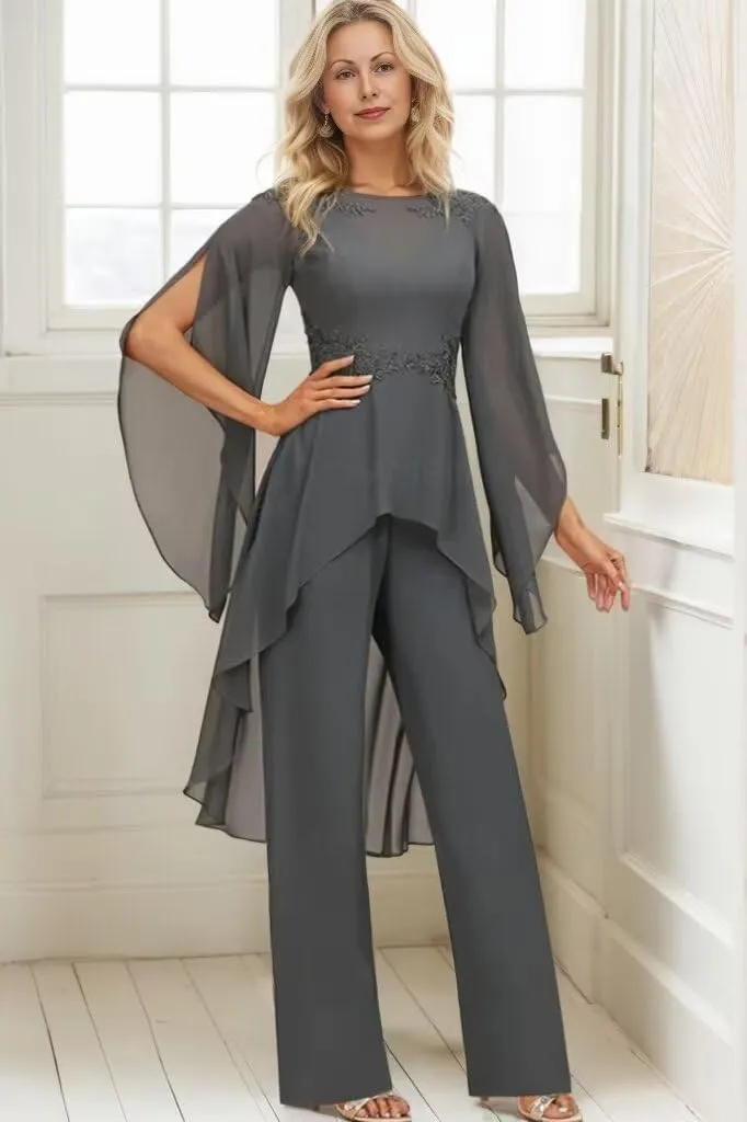 Long Sleeve Chiffon Mother of The Bride Pant Suits for Wedding Lace 2 Pieces Formal Evening Pantsuits for Women