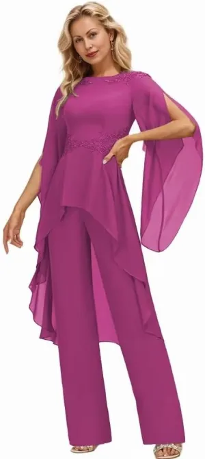 Long Sleeve Chiffon Mother of The Bride Pant Suits for Wedding Lace 2 Pieces Formal Evening Pantsuits for Women