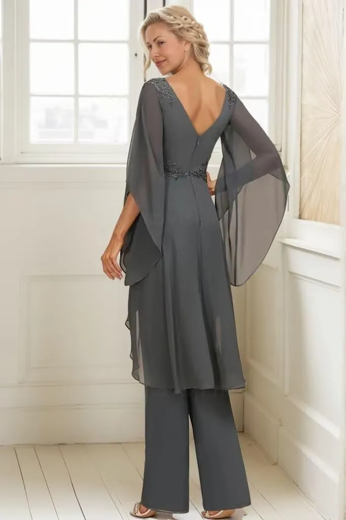 Long Sleeve Chiffon Mother of The Bride Pant Suits for Wedding Lace 2 Pieces Formal Evening Pantsuits for Women