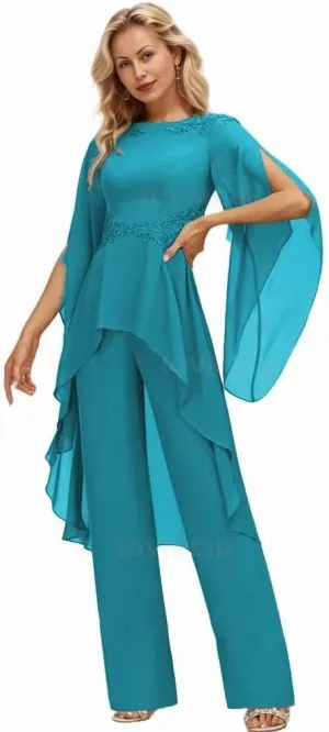 Long Sleeve Chiffon Mother of The Bride Pant Suits for Wedding Lace 2 Pieces Formal Evening Pantsuits for Women