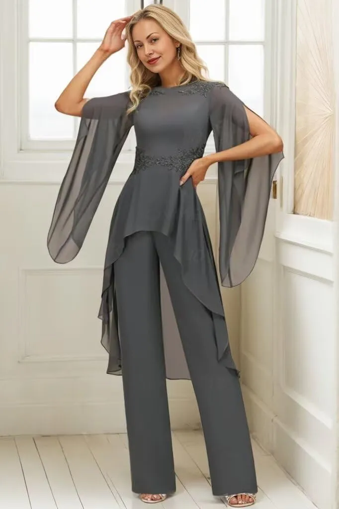 Long Sleeve Chiffon Mother of The Bride Pant Suits for Wedding Lace 2 Pieces Formal Evening Pantsuits for Women