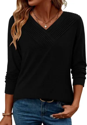 Long Sleeve Shirts for Women Fashion V Neck Basics Casual Top Fitted Tunic Tops