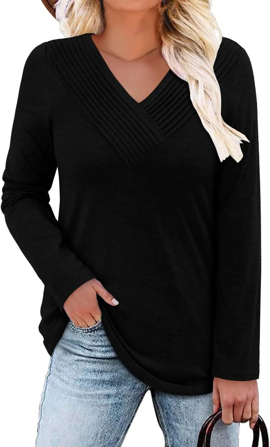 Long Sleeve Shirts for Women Fashion V Neck Basics Casual Top Fitted Tunic Tops