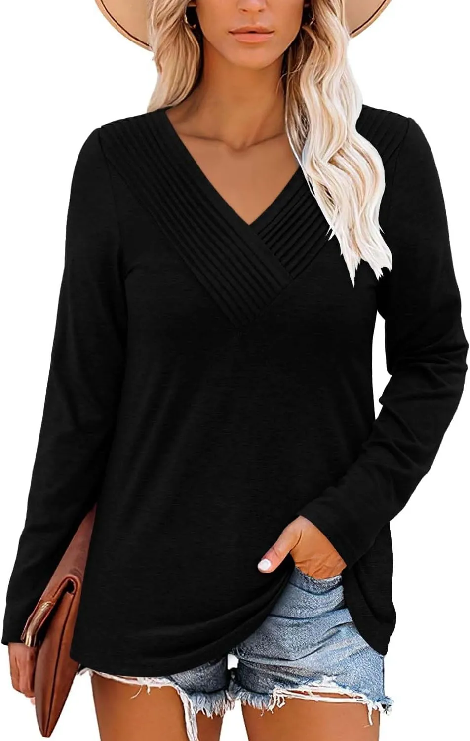 Long Sleeve Shirts for Women Fashion V Neck Basics Casual Top Fitted Tunic Tops