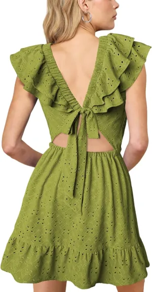 Lrady Womens Deep V Neck Tie Back Ruffle Sleeveless A Line Flowy Swing Shift Short Mini Dress
