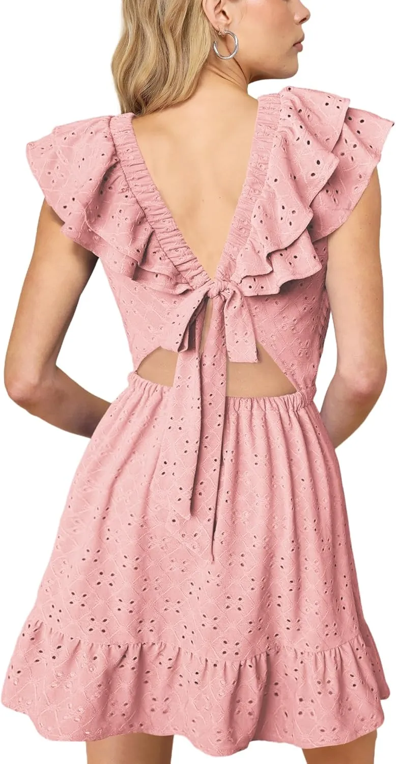 Lrady Womens Deep V Neck Tie Back Ruffle Sleeveless A Line Flowy Swing Shift Short Mini Dress