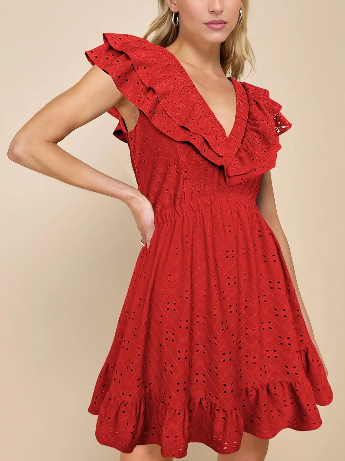 Lrady Womens Deep V Neck Tie Back Ruffle Sleeveless A Line Flowy Swing Shift Short Mini Dress