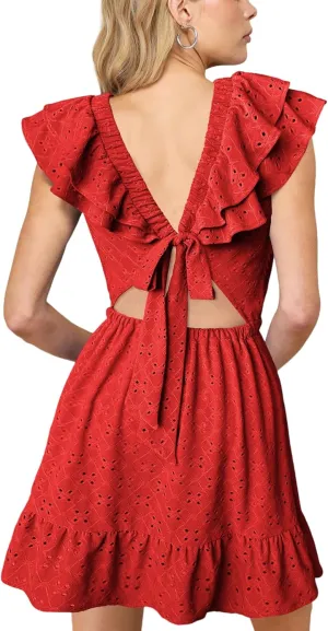 Lrady Womens Deep V Neck Tie Back Ruffle Sleeveless A Line Flowy Swing Shift Short Mini Dress