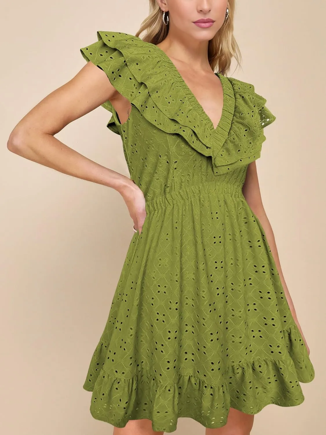 Lrady Womens Deep V Neck Tie Back Ruffle Sleeveless A Line Flowy Swing Shift Short Mini Dress