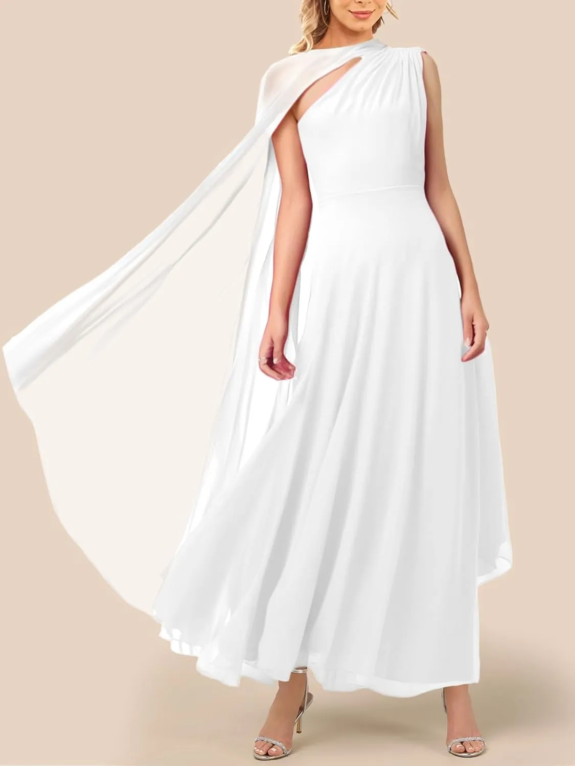 Lrady Women's Elegant Evening Gowns Crewneck One Shoulder Flowy Aline Wedding Guest Party Formal Maxi Dresses with Cape