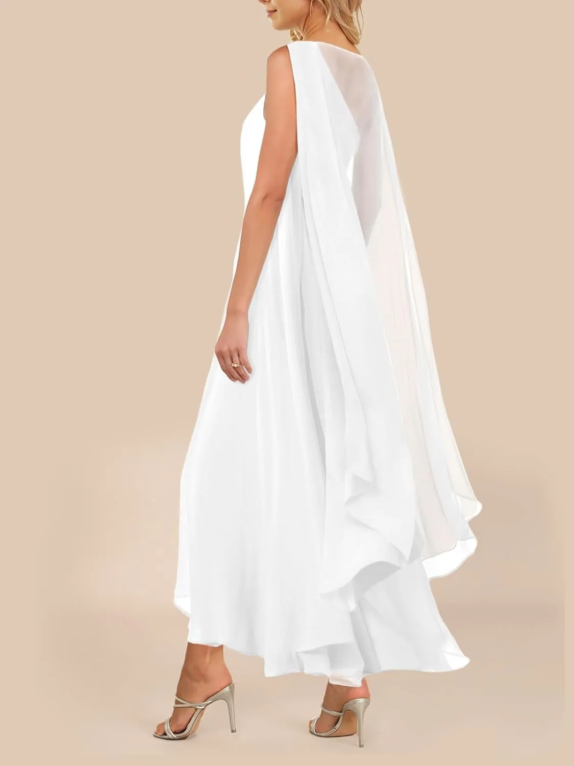 Lrady Women's Elegant Evening Gowns Crewneck One Shoulder Flowy Aline Wedding Guest Party Formal Maxi Dresses with Cape