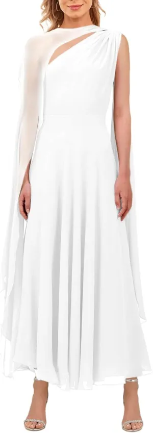 Lrady Women's Elegant Evening Gowns Crewneck One Shoulder Flowy Aline Wedding Guest Party Formal Maxi Dresses with Cape