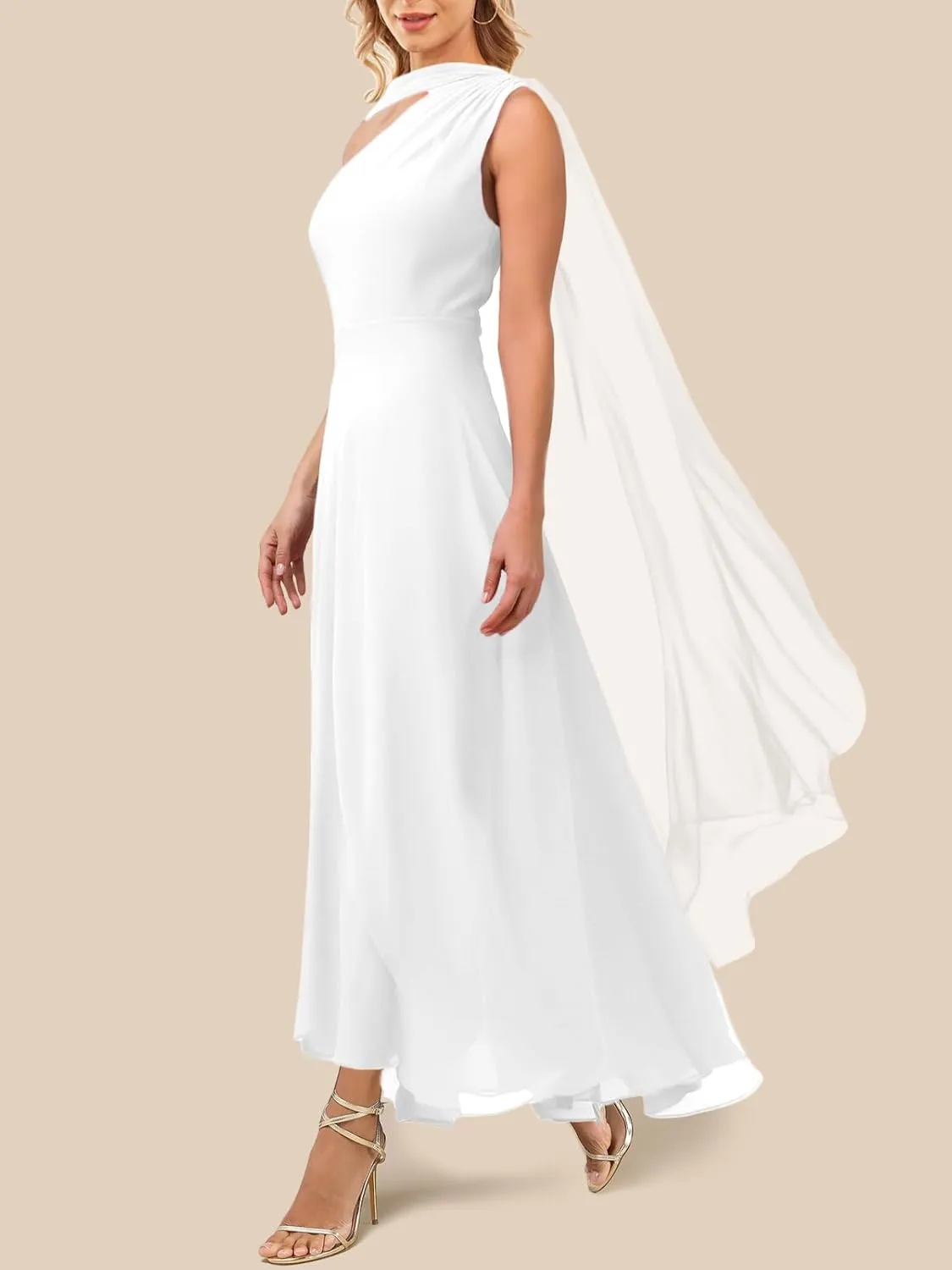 Lrady Women's Elegant Evening Gowns Crewneck One Shoulder Flowy Aline Wedding Guest Party Formal Maxi Dresses with Cape