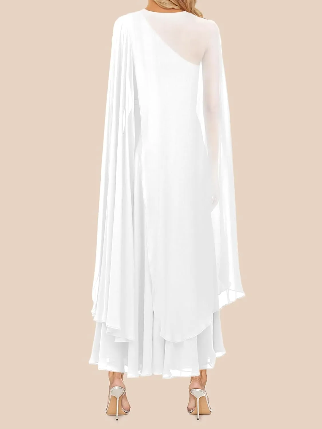 Lrady Women's Elegant Evening Gowns Crewneck One Shoulder Flowy Aline Wedding Guest Party Formal Maxi Dresses with Cape