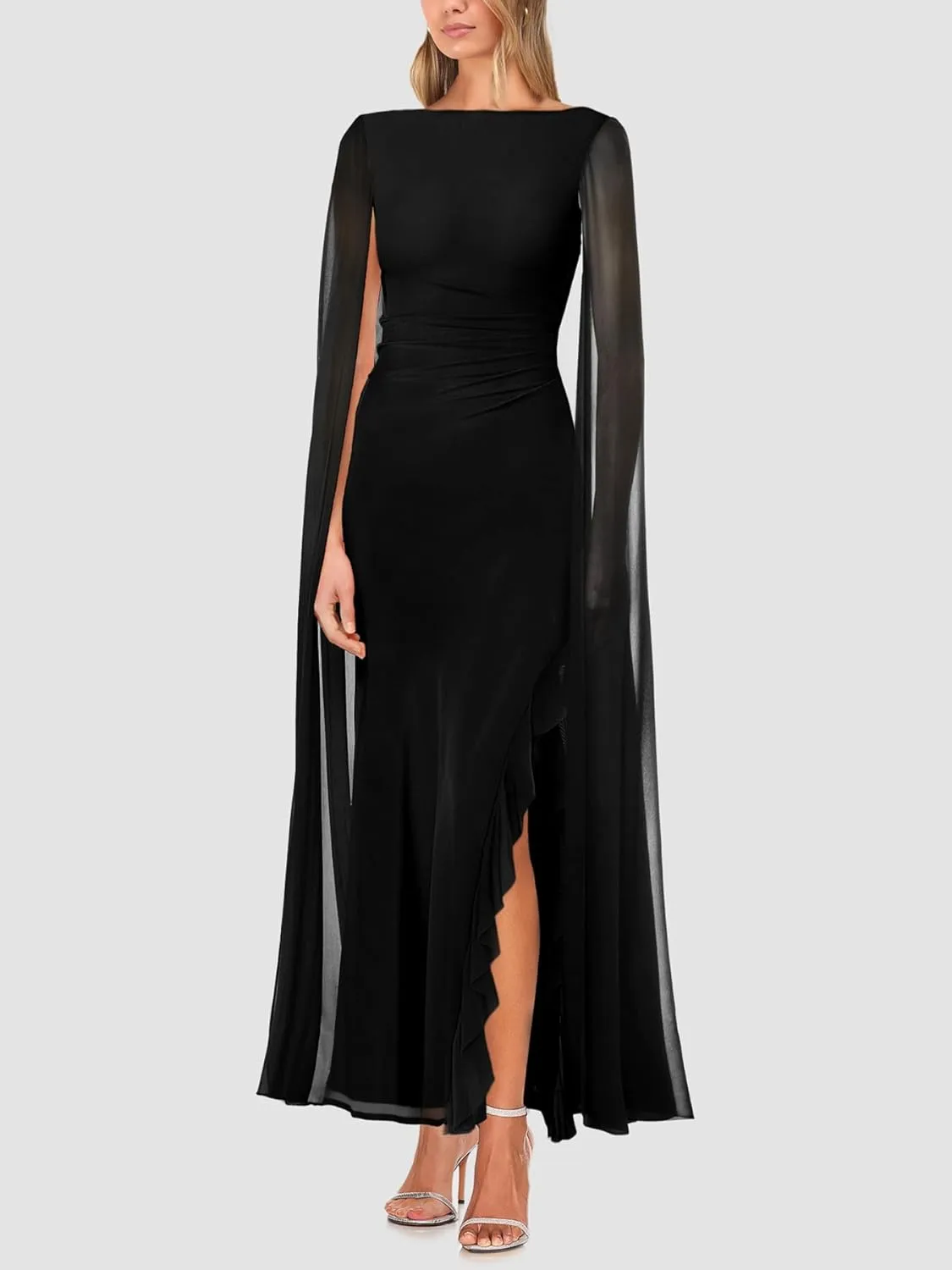 Lrady Women's Formal Evening Gowns High Split Ruffle Wedding Guest Cape Sleeve Cocktail Party Maxi Dresses