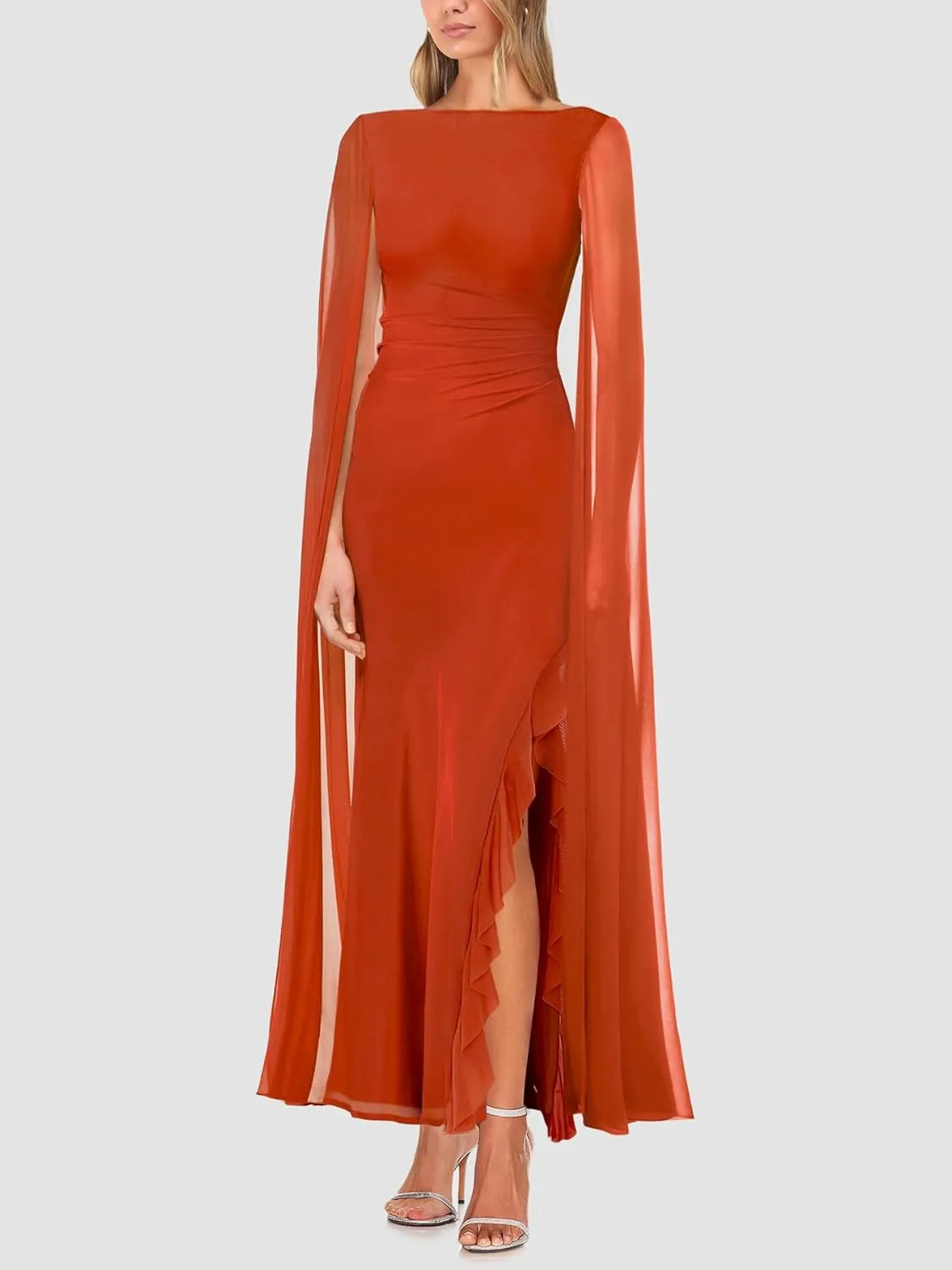Lrady Women's Formal Evening Gowns High Split Ruffle Wedding Guest Cape Sleeve Cocktail Party Maxi Dresses
