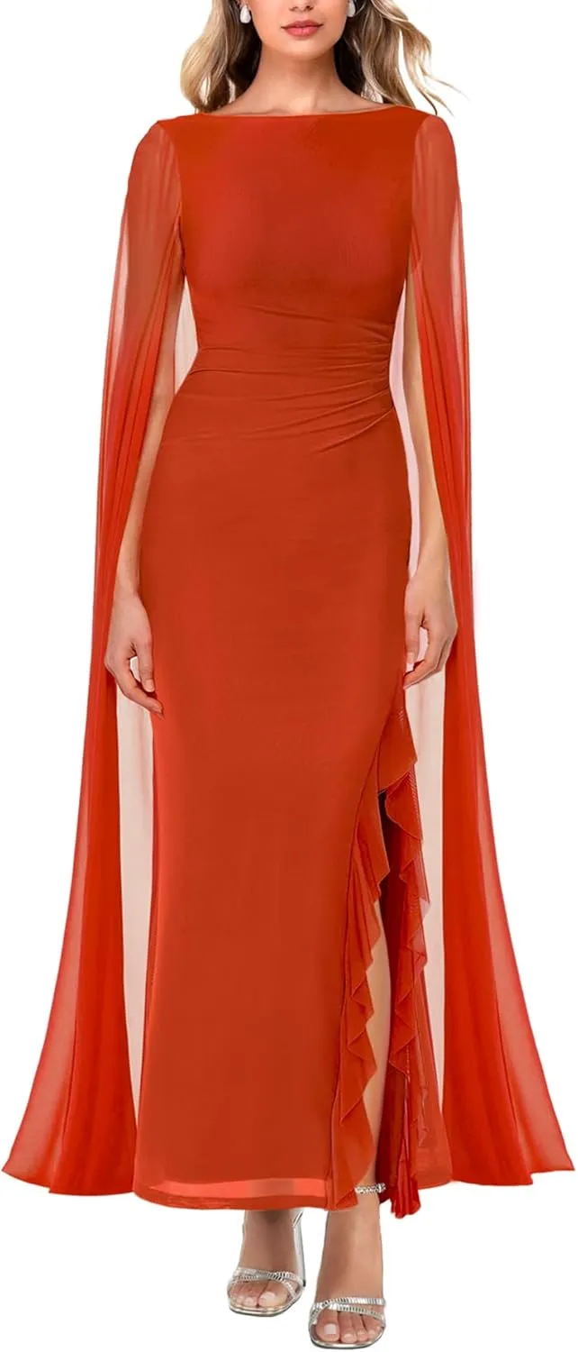 Lrady Women's Formal Evening Gowns High Split Ruffle Wedding Guest Cape Sleeve Cocktail Party Maxi Dresses