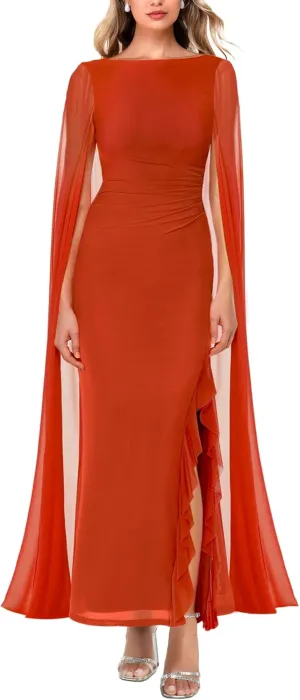 Lrady Women's Formal Evening Gowns High Split Ruffle Wedding Guest Cape Sleeve Cocktail Party Maxi Dresses