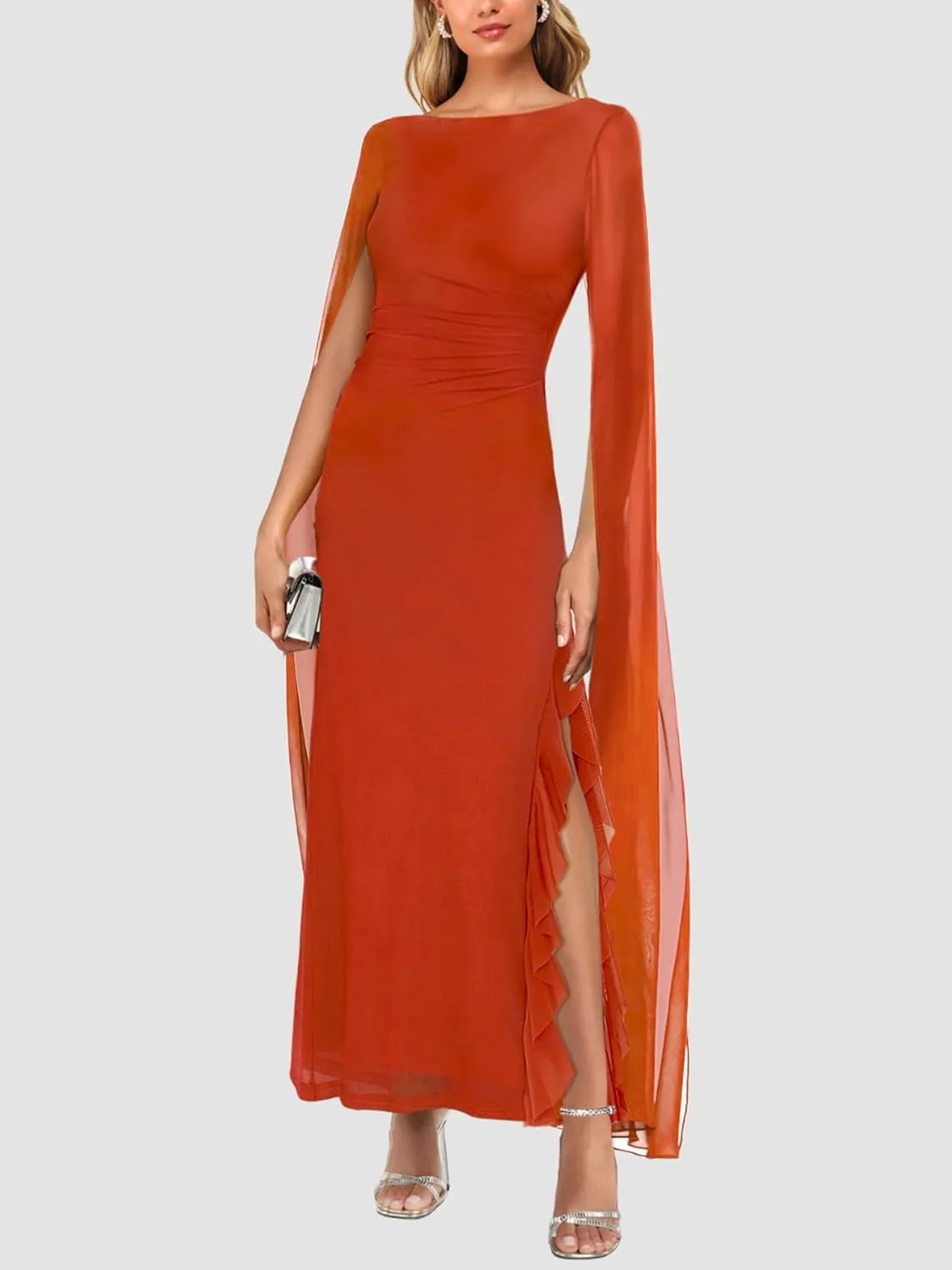 Lrady Women's Formal Evening Gowns High Split Ruffle Wedding Guest Cape Sleeve Cocktail Party Maxi Dresses
