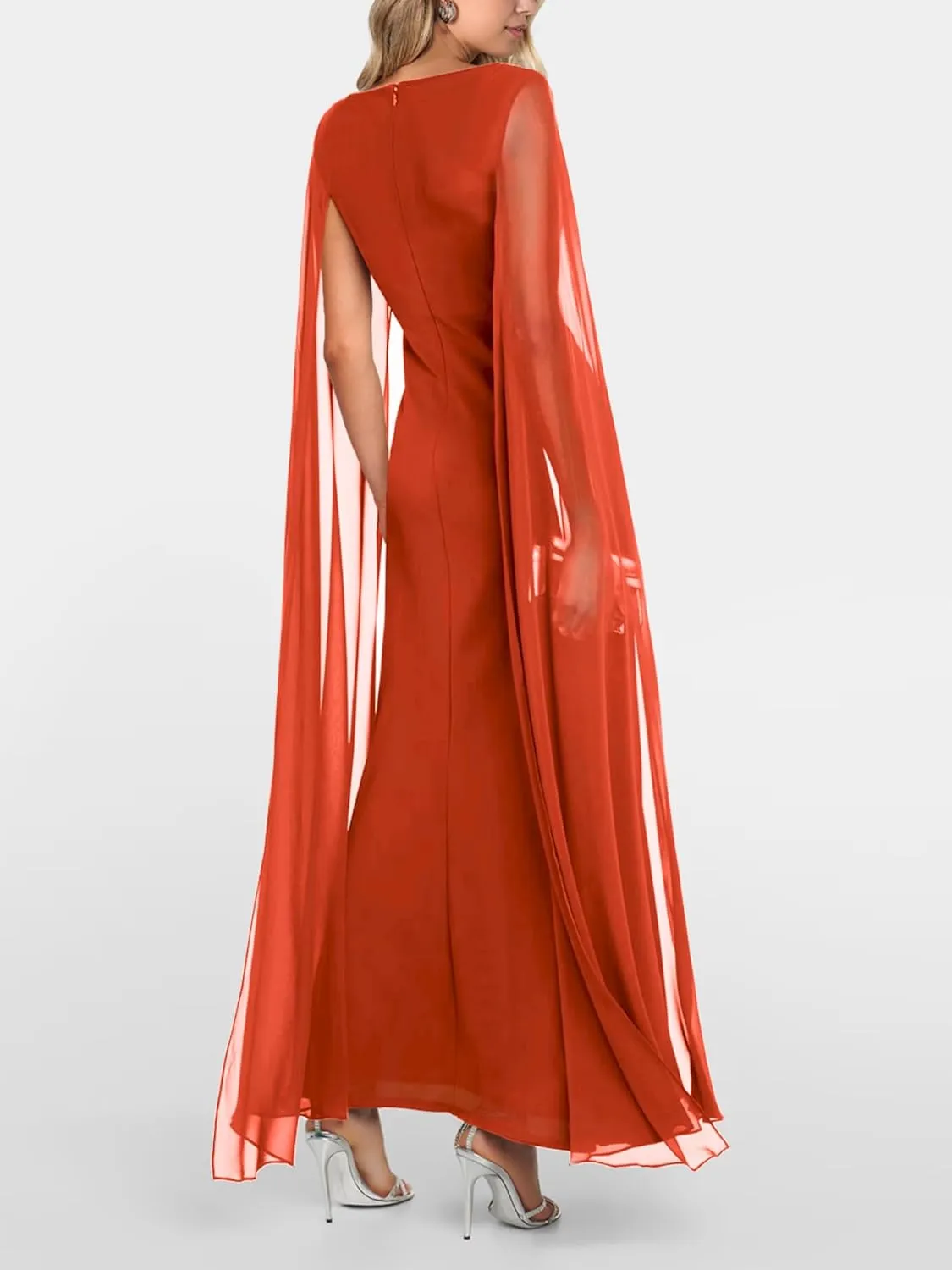 Lrady Women's Formal Evening Gowns High Split Ruffle Wedding Guest Cape Sleeve Cocktail Party Maxi Dresses