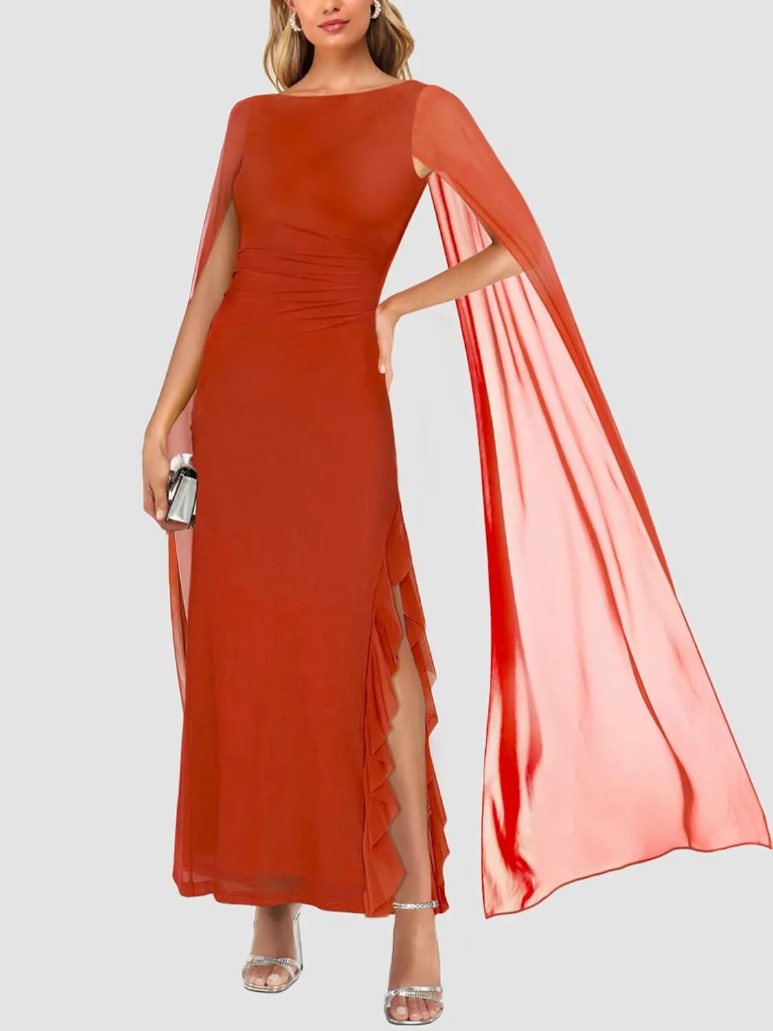 Lrady Women's Formal Evening Gowns High Split Ruffle Wedding Guest Cape Sleeve Cocktail Party Maxi Dresses
