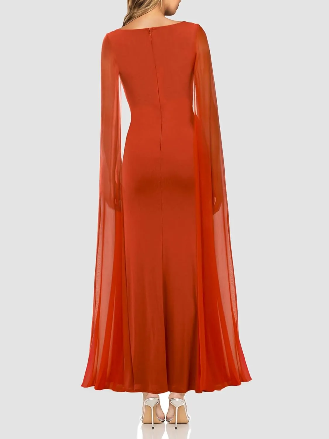 Lrady Women's Formal Evening Gowns High Split Ruffle Wedding Guest Cape Sleeve Cocktail Party Maxi Dresses