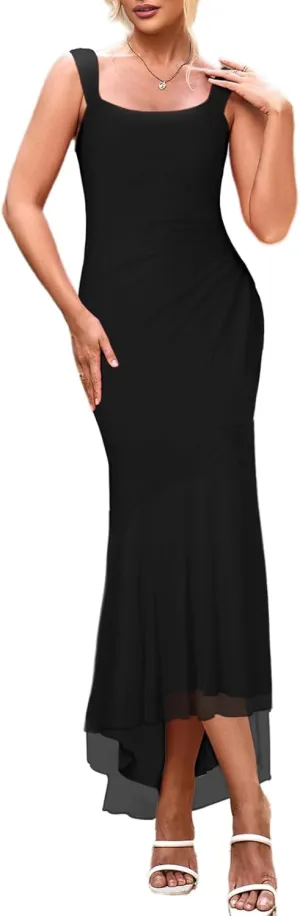 Lrady Women's Sleeveless Ruffle Cocktail Party Maxi Bodycon Vacation Dresses Long Formal Wedding Guest Dress