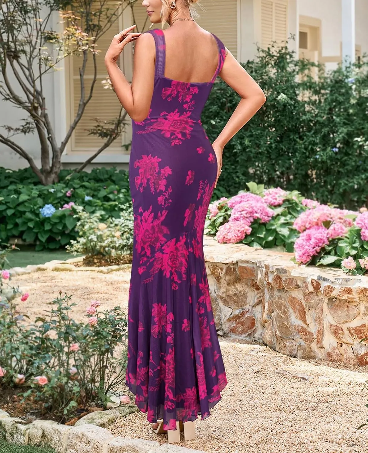 Lrady Women's Sleeveless Ruffle Cocktail Party Maxi Bodycon Vacation Dresses Long Formal Wedding Guest Dress