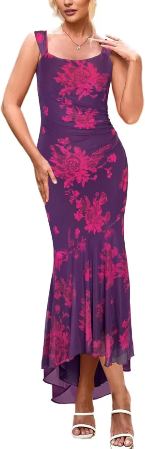 Lrady Women's Sleeveless Ruffle Cocktail Party Maxi Bodycon Vacation Dresses Long Formal Wedding Guest Dress