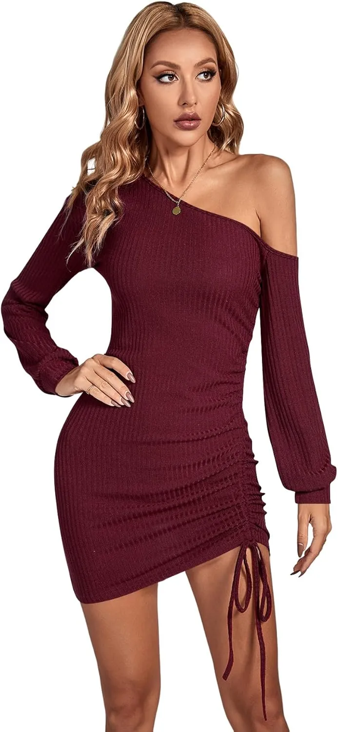LYANER Women's Sexy One Shoulder Long Sleeve Side Drawstring Bodycon Party Club Mini Dress