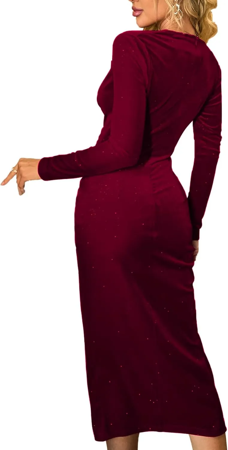 LYANER Women's Velvet Deep V Neck Wrap Split Hem Long Sleeve Midi Dress