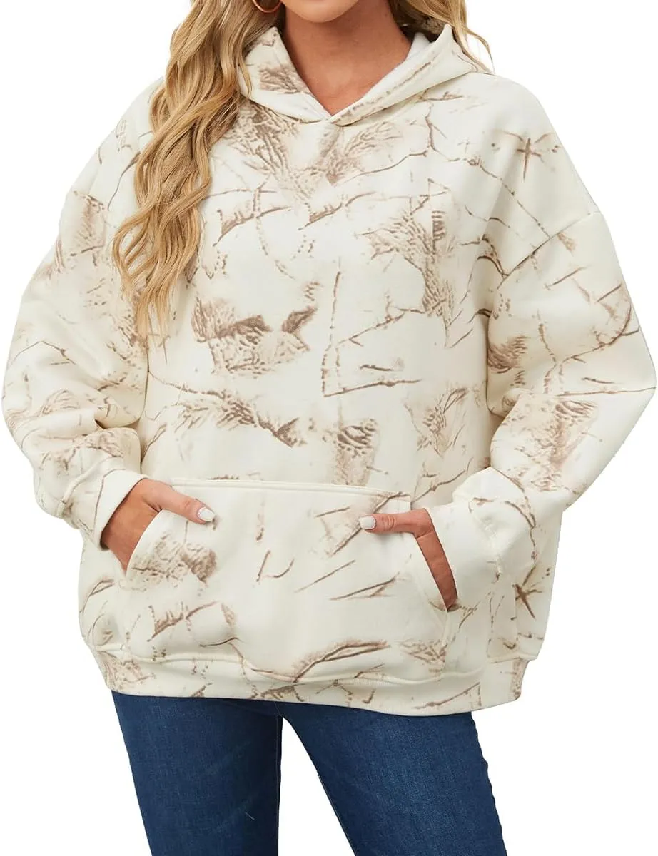 Lynkiss Womens Cotton Fleece Camo Hoodies Maple Leaf Print Oversized Hoodies Sweatshirt Pullover with Pocket