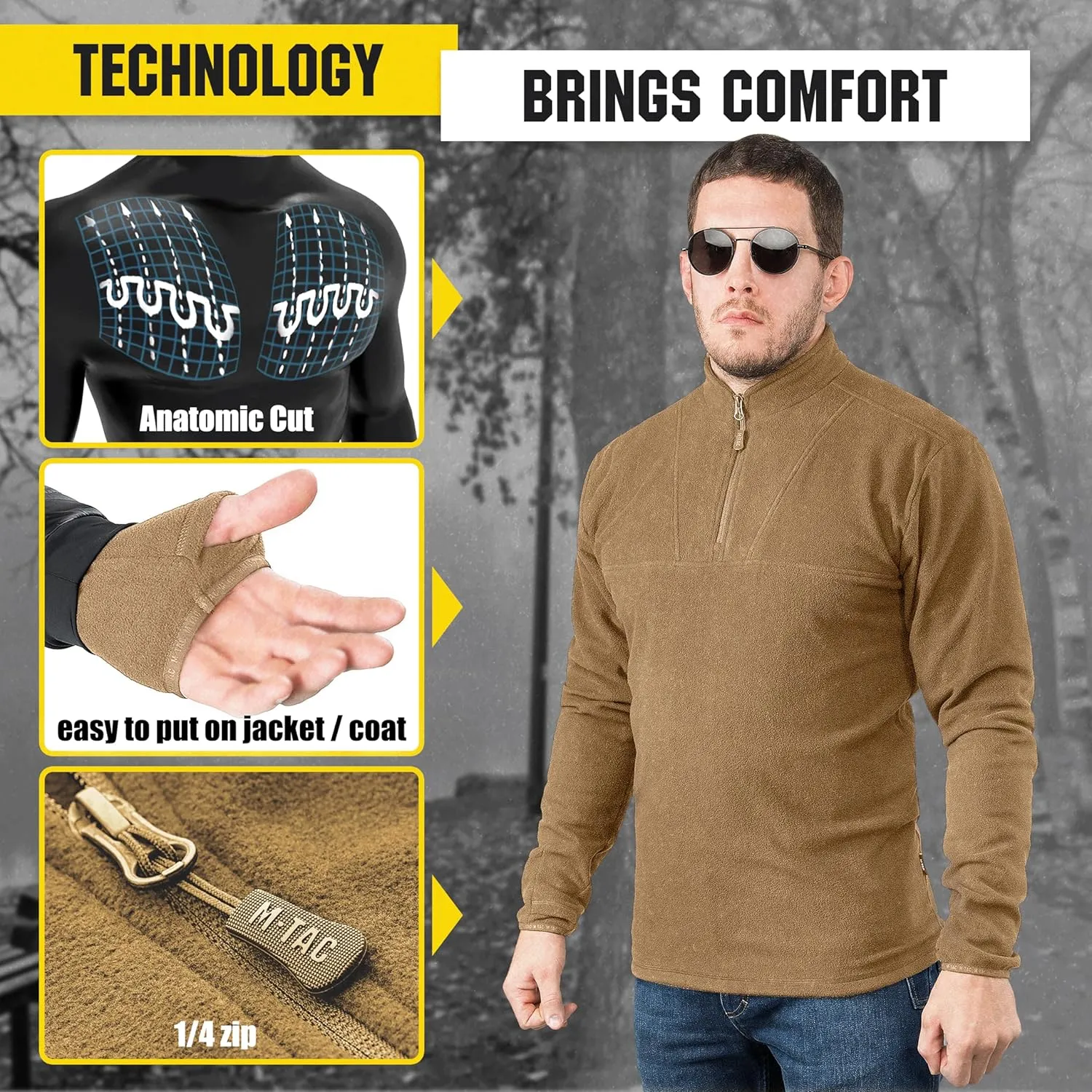 M-Tac Quarter Zip Pullover Men - Fleece Lined Thermal Shirt for Men - Lightweight Tactical Long Sleeve Shirt Top Delta