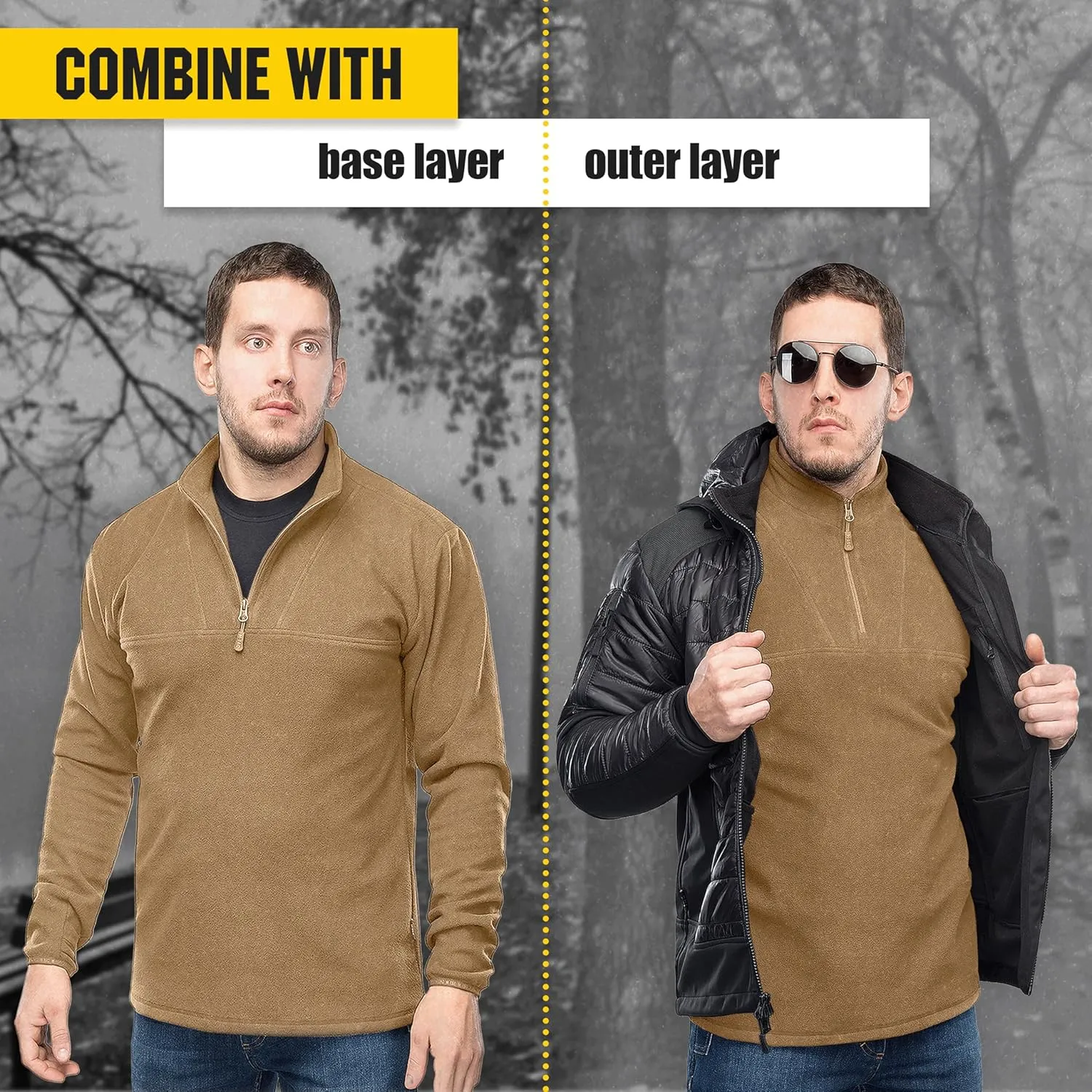 M-Tac Quarter Zip Pullover Men - Fleece Lined Thermal Shirt for Men - Lightweight Tactical Long Sleeve Shirt Top Delta