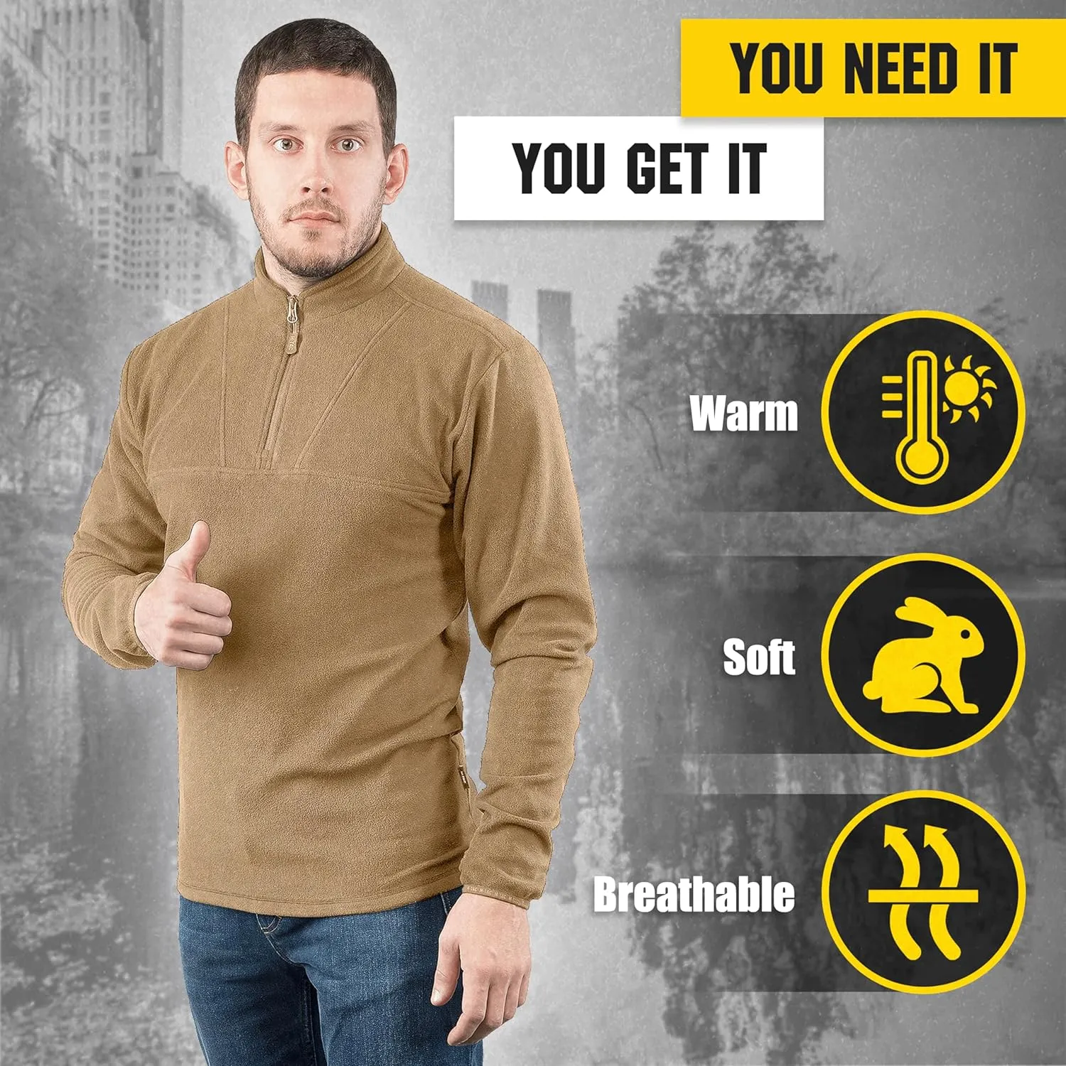 M-Tac Quarter Zip Pullover Men - Fleece Lined Thermal Shirt for Men - Lightweight Tactical Long Sleeve Shirt Top Delta