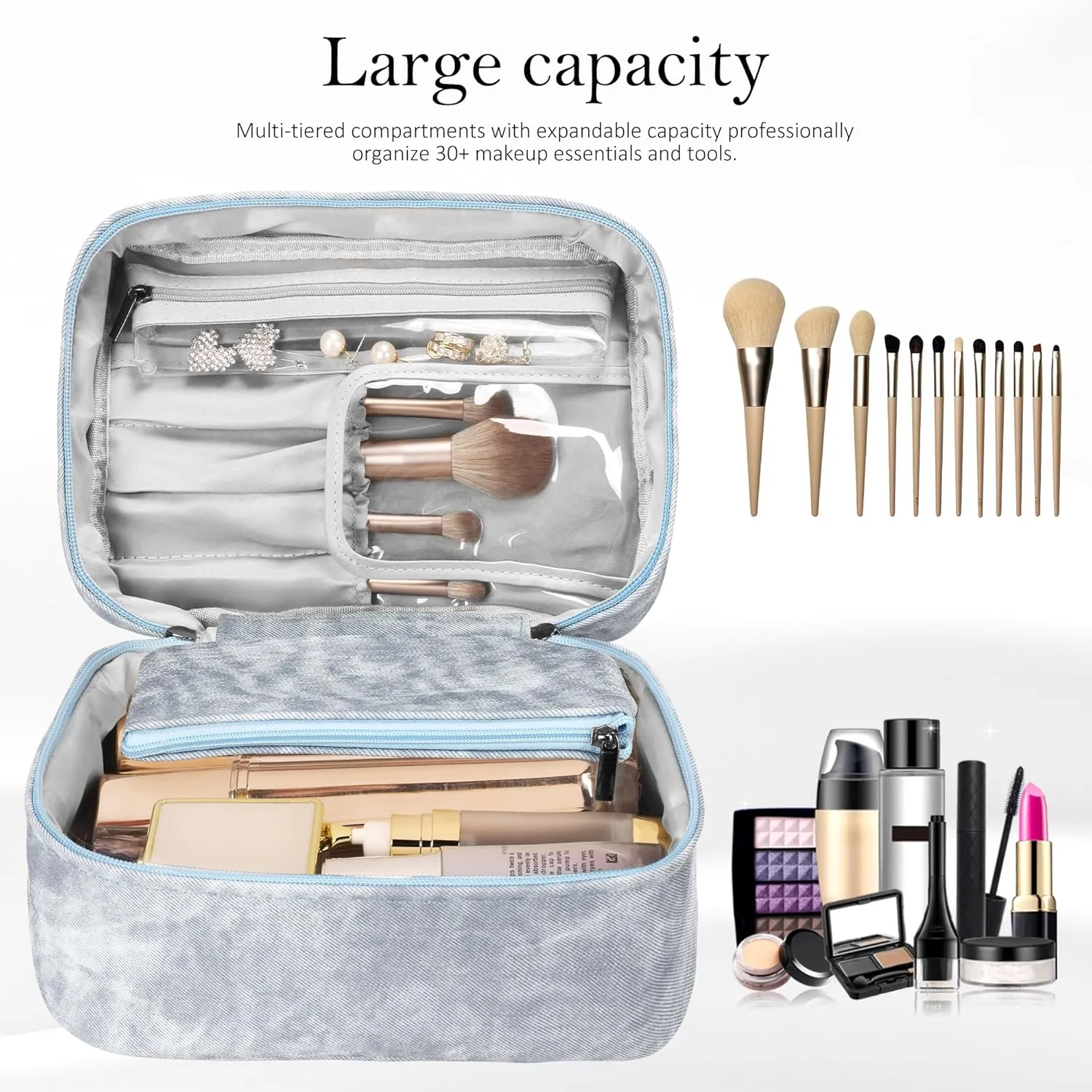 Makeup Bag, Portable Cosmetic Bag, Large Capacity Travel Makeup Case Organizer,Stylish Denim-Look Toiletry Bag for Women Girls With Handle and Removable Pouch