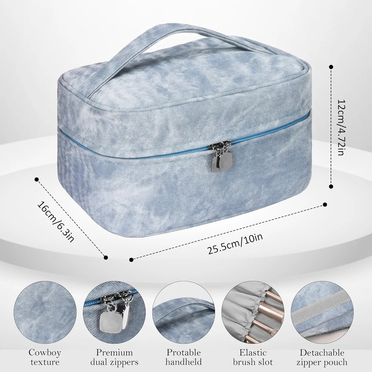 Makeup Bag, Portable Cosmetic Bag, Large Capacity Travel Makeup Case Organizer,Stylish Denim-Look Toiletry Bag for Women Girls With Handle and Removable Pouch