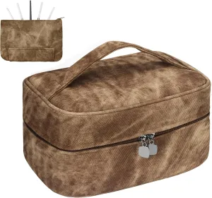 Makeup Bag, Portable Cosmetic Bag, Large Capacity Travel Makeup Case Organizer,Stylish Denim-Look Toiletry Bag for Women Girls With Handle and Removable Pouch