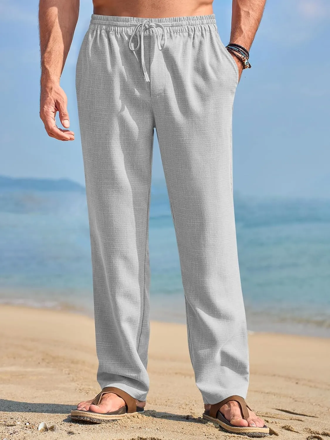 Makkrom Mens Casual Pants Drawstring Elastic Waist Lightweight Linen Pants Loose Fit Summer Beach Yoga Trousers