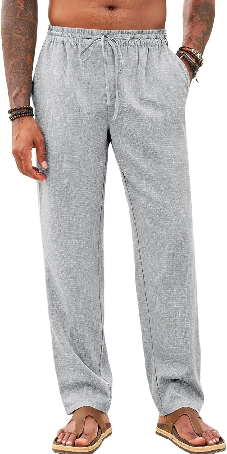 Makkrom Mens Casual Pants Drawstring Elastic Waist Lightweight Linen Pants Loose Fit Summer Beach Yoga Trousers
