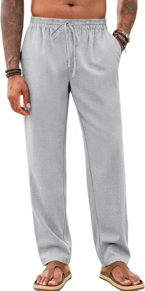 Makkrom Mens Casual Pants Drawstring Elastic Waist Lightweight Linen Pants Loose Fit Summer Beach Yoga Trousers