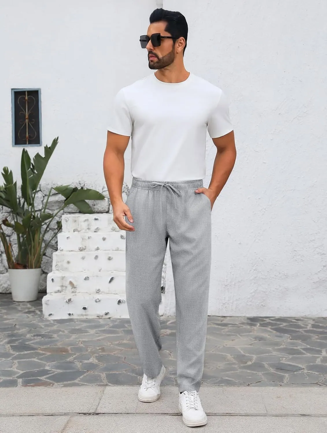Makkrom Mens Casual Pants Drawstring Elastic Waist Lightweight Linen Pants Loose Fit Summer Beach Yoga Trousers