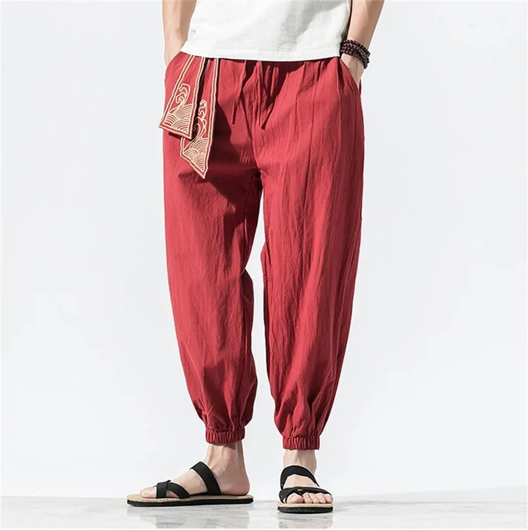 Men Linen Japanese Print Belt Vintage Harem Pants Mens Hip Hop Harajuku Baggy Trousers